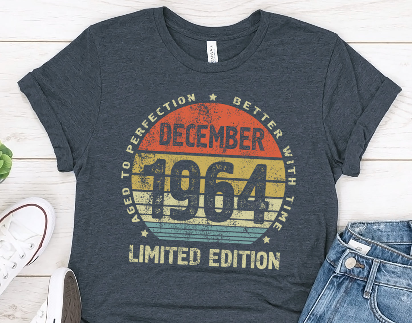 December 1964 birthday gift t-shirt for men or women, Retro Vintage Sun Design, Better with Time