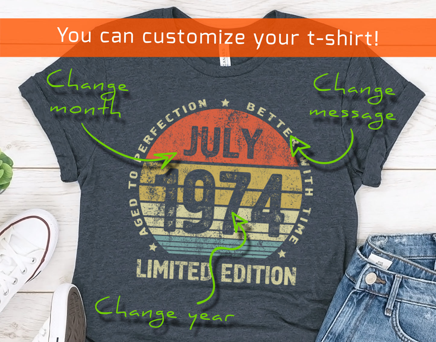 July 1974 Birthday Gift T-Shirt for men or women, Aged to Perfection Better with Time