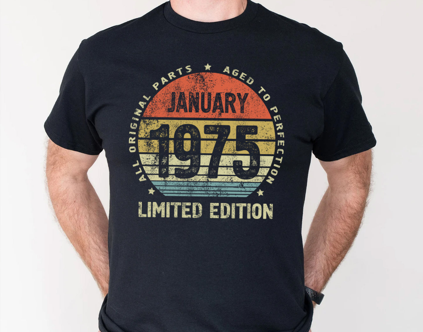 January 1975 birthday Gift t-shirt for Men or Women, 50 Anniversary Tee, Made in 1975 Party Shirt, Aged to Perfection