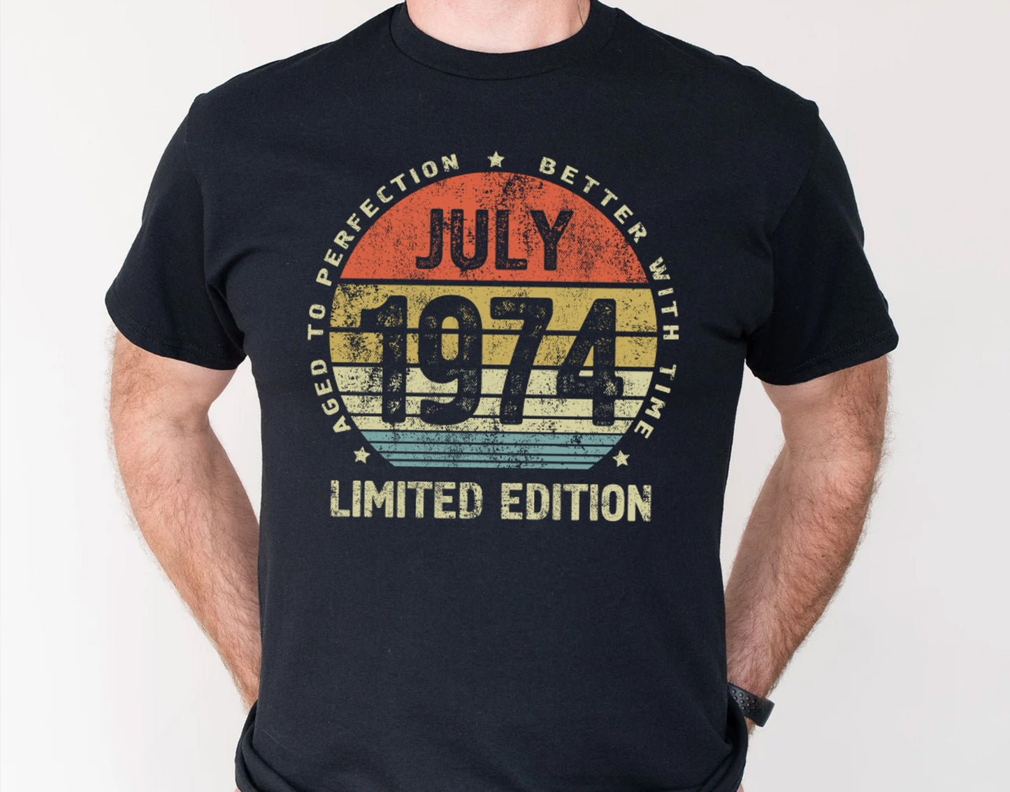 July 1974 Birthday Gift T-Shirt for men or women, Aged to Perfection Better with Time