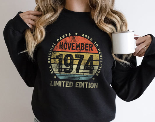 November 1974 birthday Gift t-shirt for Men or Women, Turning 50 Celebration Tee, Made in 1974 Party Shirt