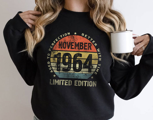 November 1964 birthday gift t-shirt, Retro Vintage Sun Design, Aged to Perfection Better with Time