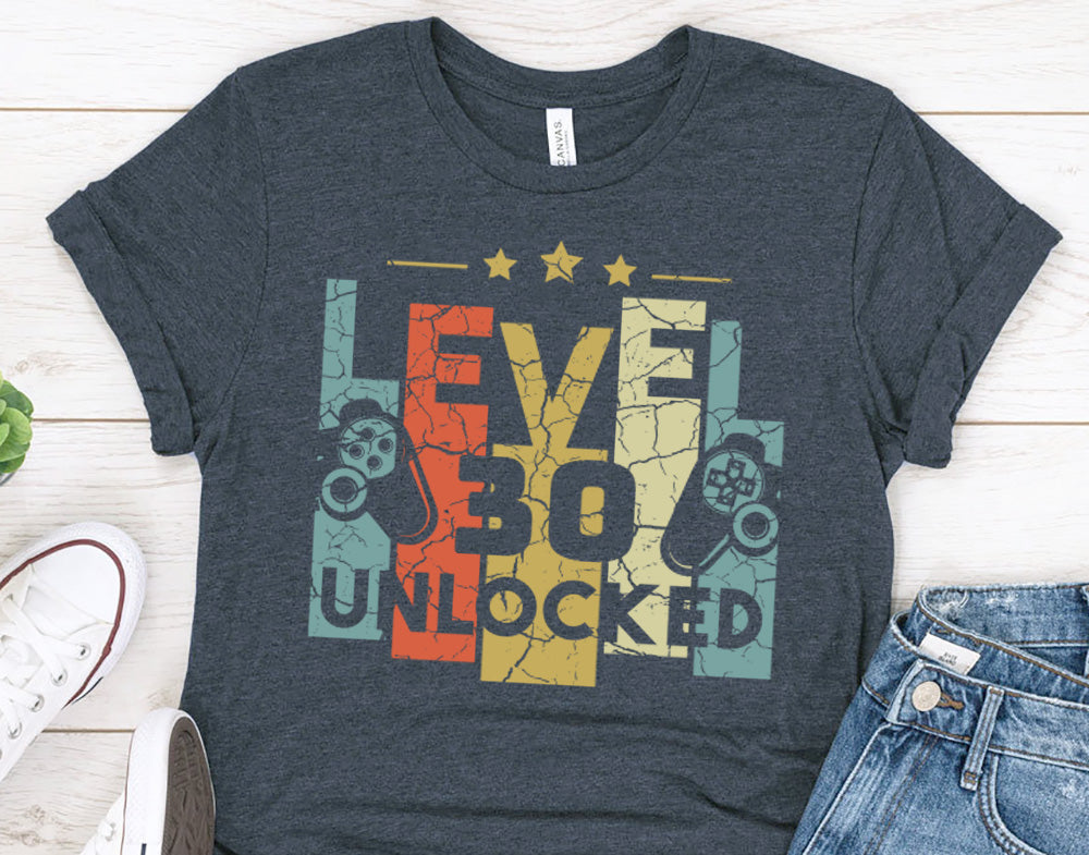 30th Birthday Gift for men or brother, Level 30 Unlocked Funny Gamer Shirt for son or boyfriend