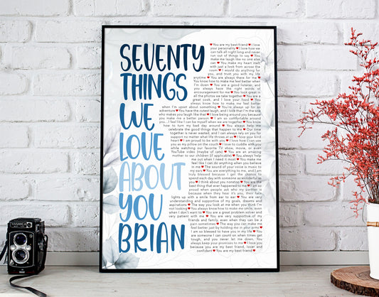 Seventy Things We Love About You - 70th Birthday gift for men - Digital Canvas Print File