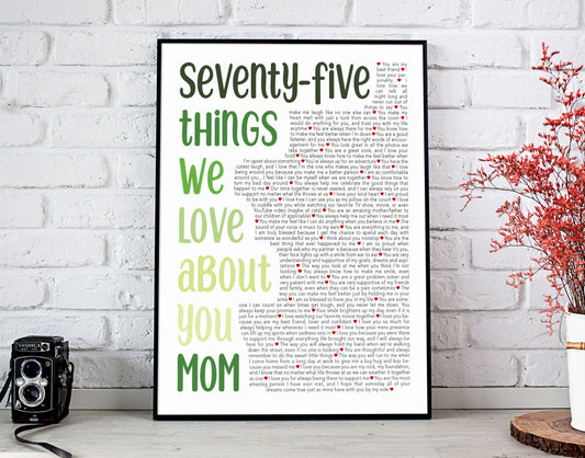 Seventy Five Things We Love About You - 75th Birthday gift for women - Digital Canvas Print File