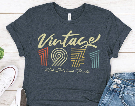 Vintage 1971 birthday shirt for women or men, Retro All Original Parts T-shirt