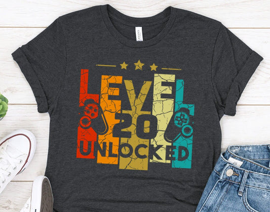 Level 20 Unlocked Gamer Gift Shirt for son or daughter, Funny T-Shirt for 20th Birthday