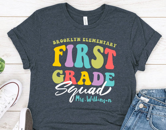 Personalized First Grade Teacher Team T-Shirt - Elementary School Squad Tee - 37 Design Unit